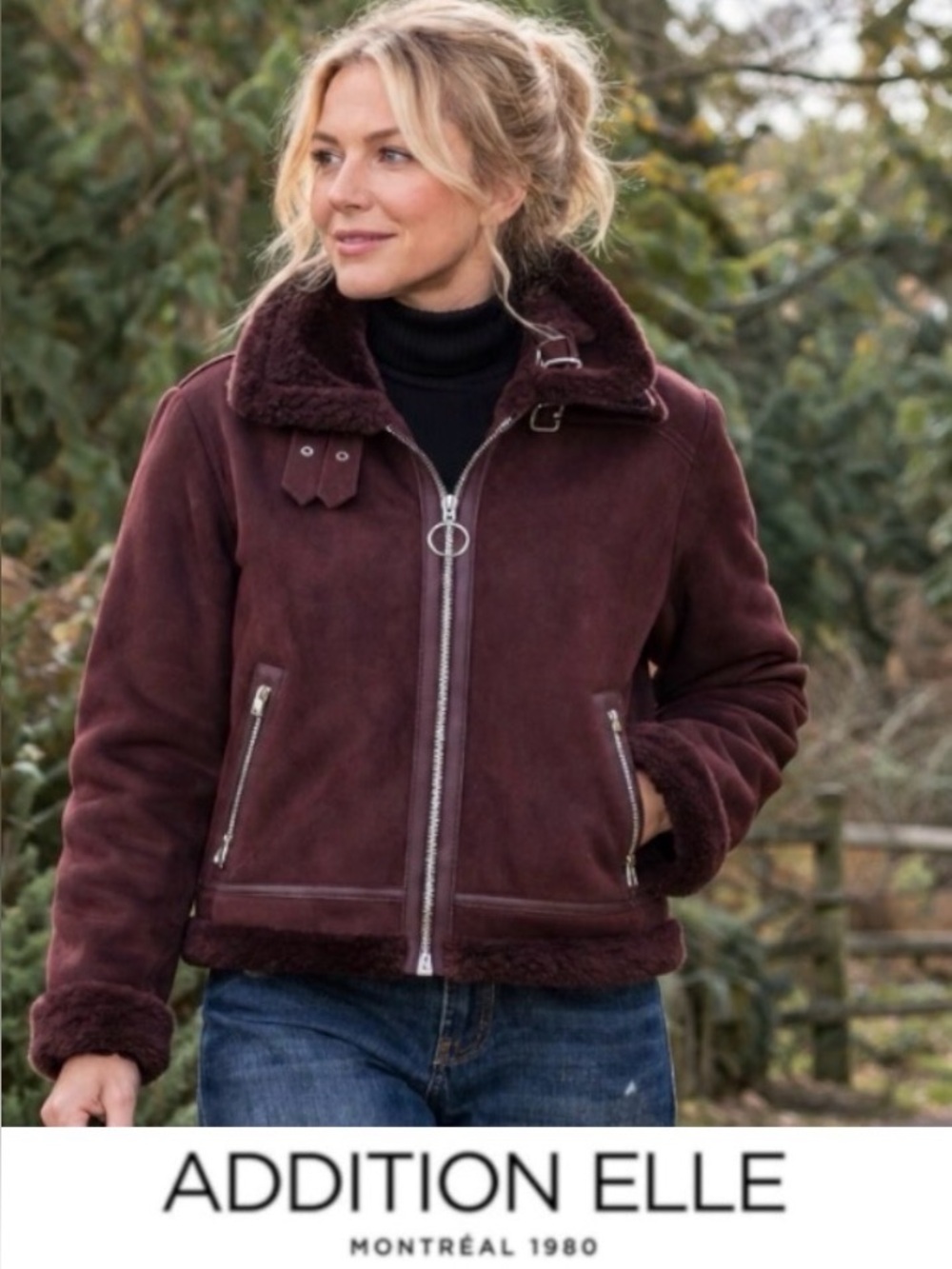 4X Addition Elle Faux Shearling and Sherpa Aviator Jacket in Burgundy
